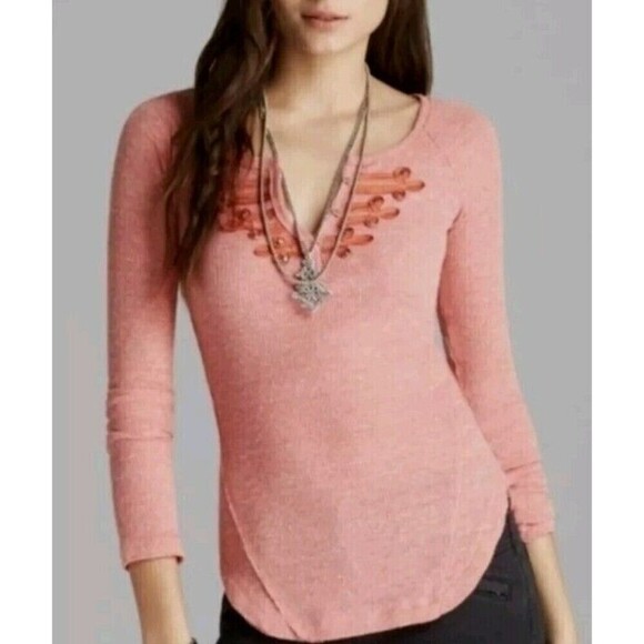 We the Free People Battalion Thermal Henley Shirt Womens PS Small Peach Salmon - Picture 1 of 10